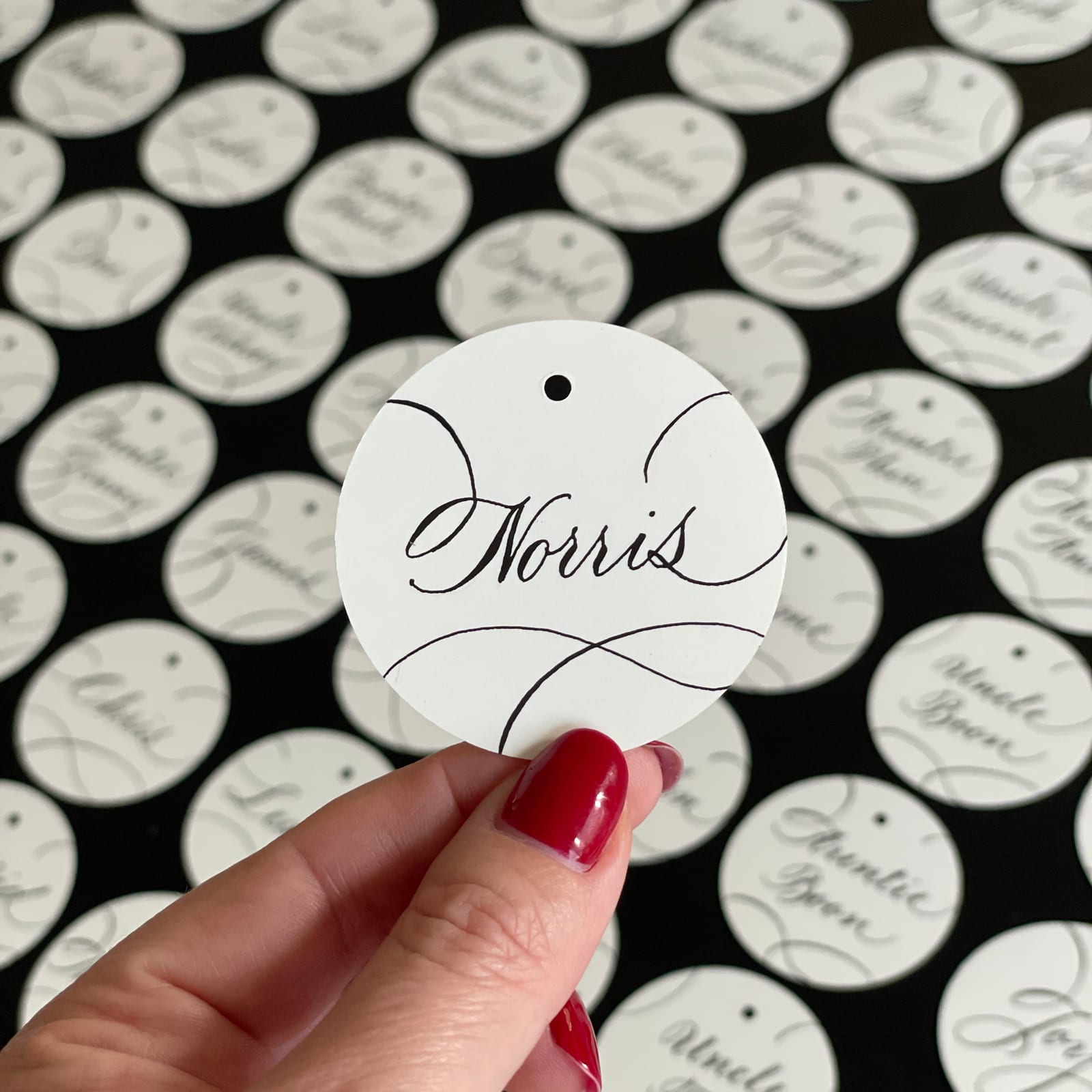 Circle tags wedding favour bags calligraphy