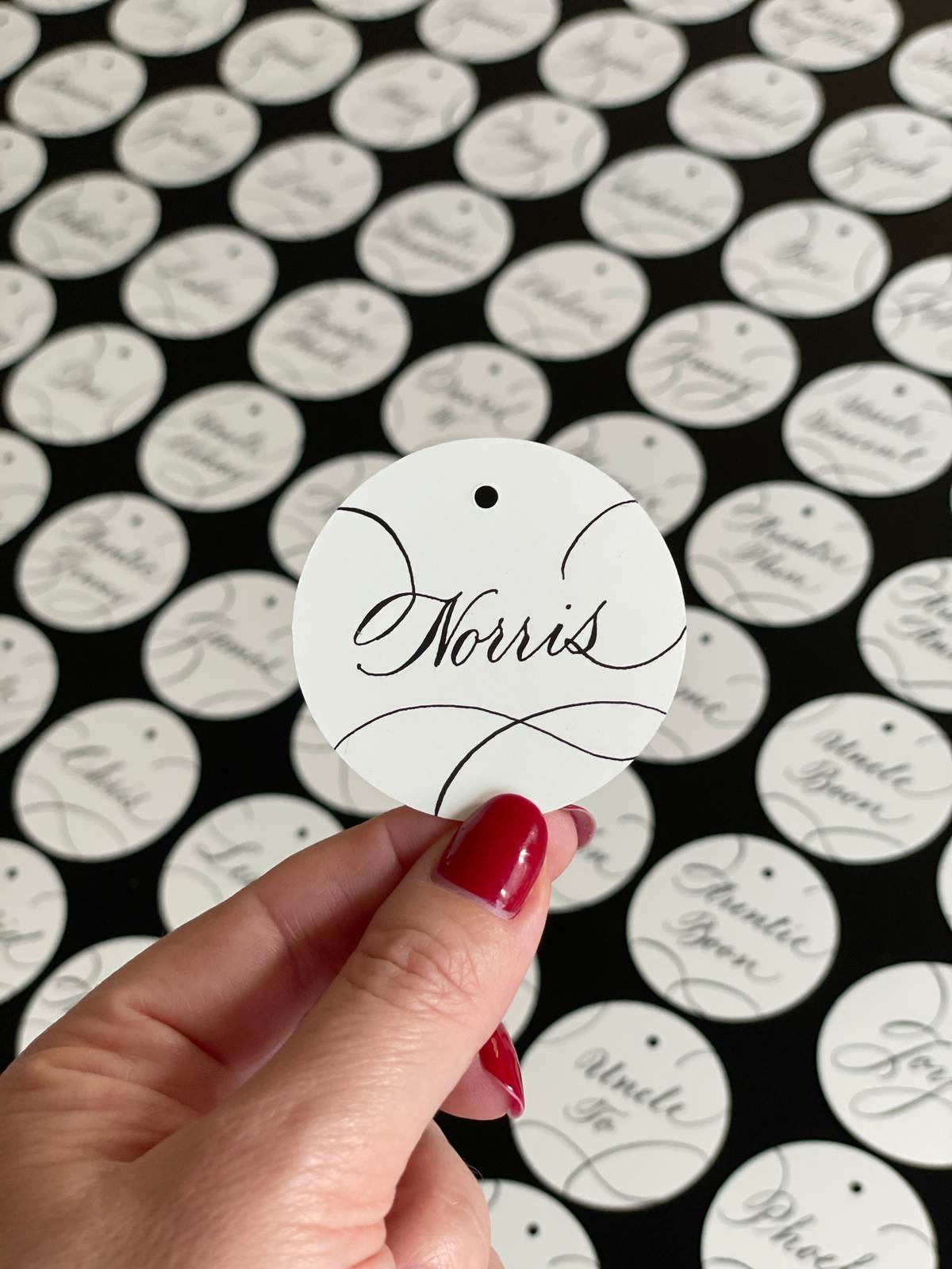 Circle tags wedding favour bags calligraphy