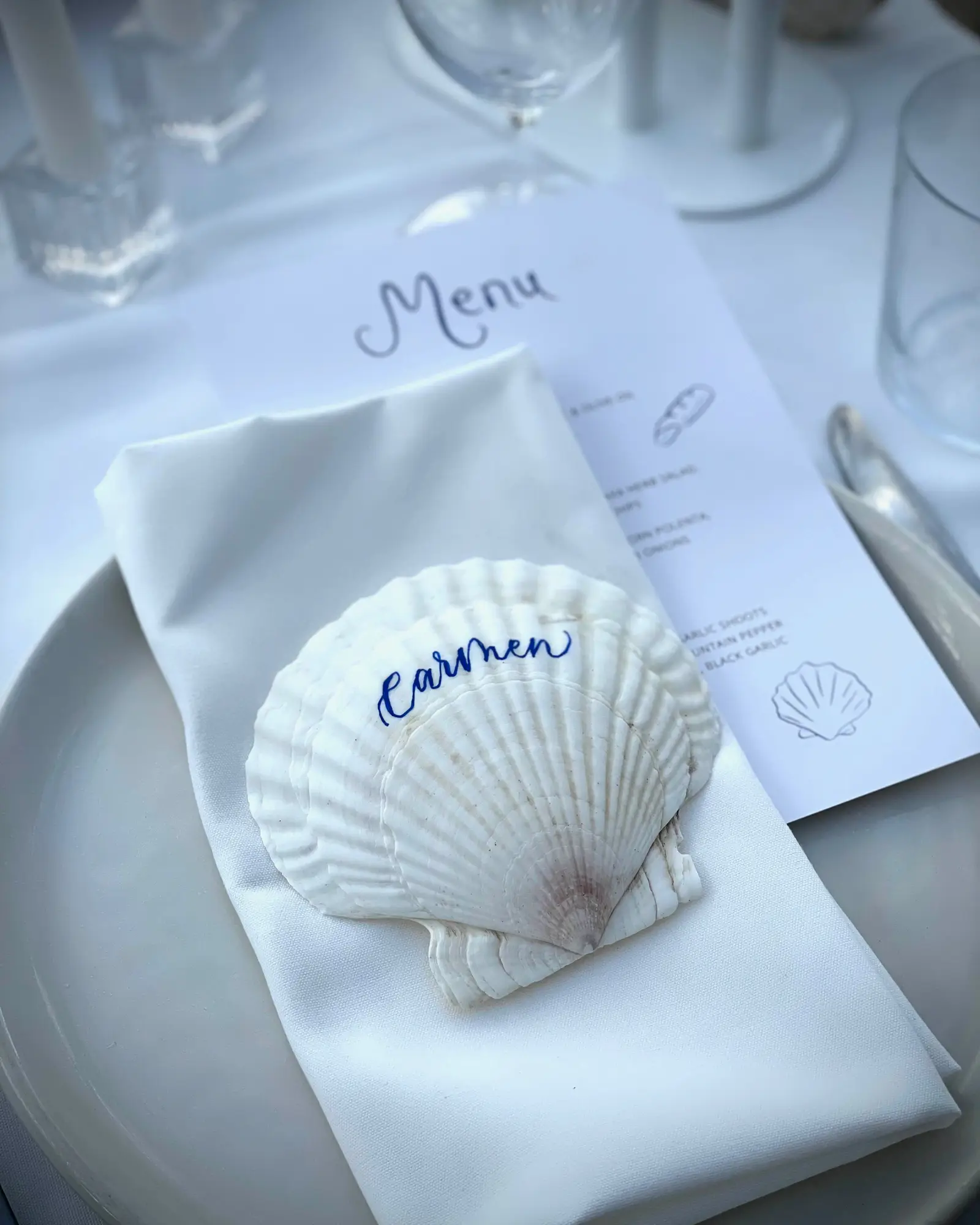 Shell wedding place card calligraphy detail