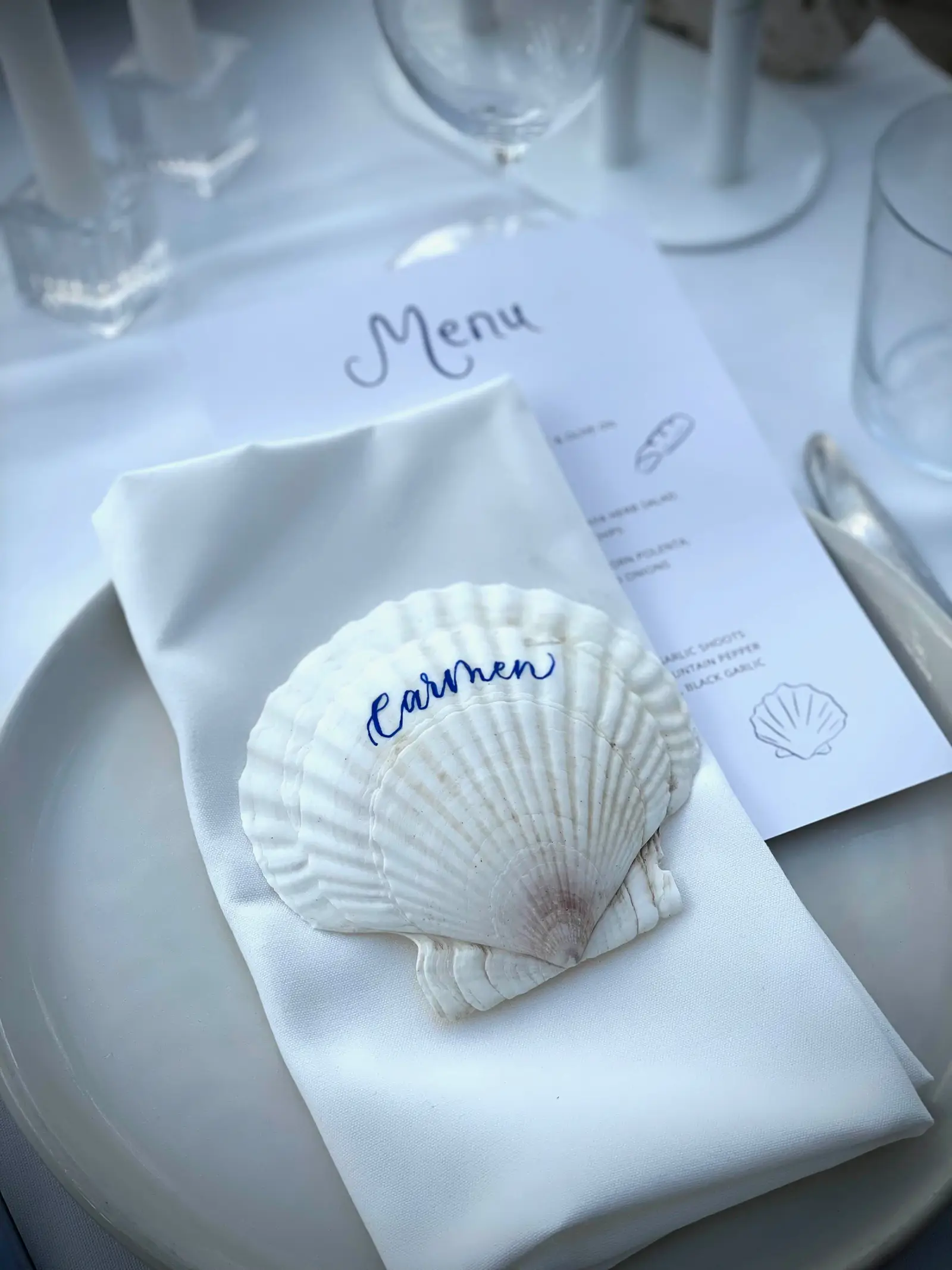 Shell wedding place card calligraphy detail