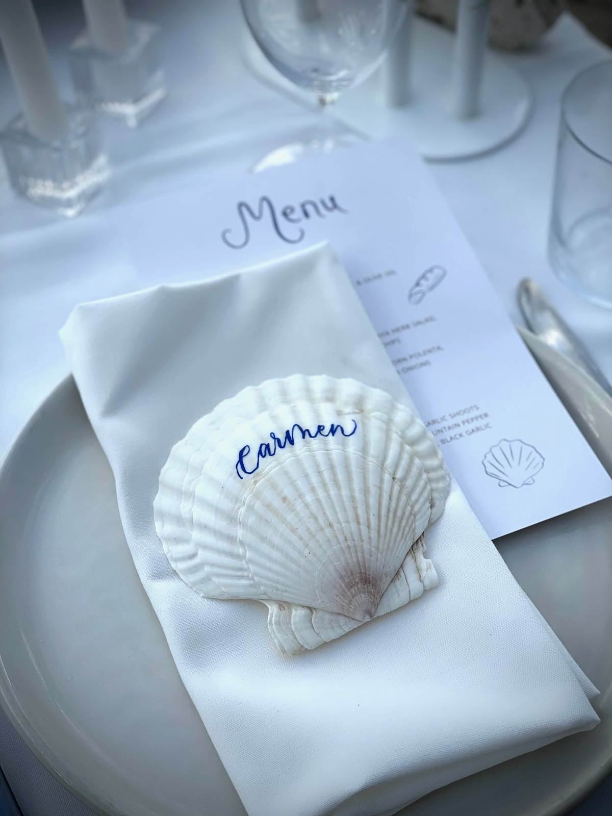 Shell wedding place card calligraphy detail