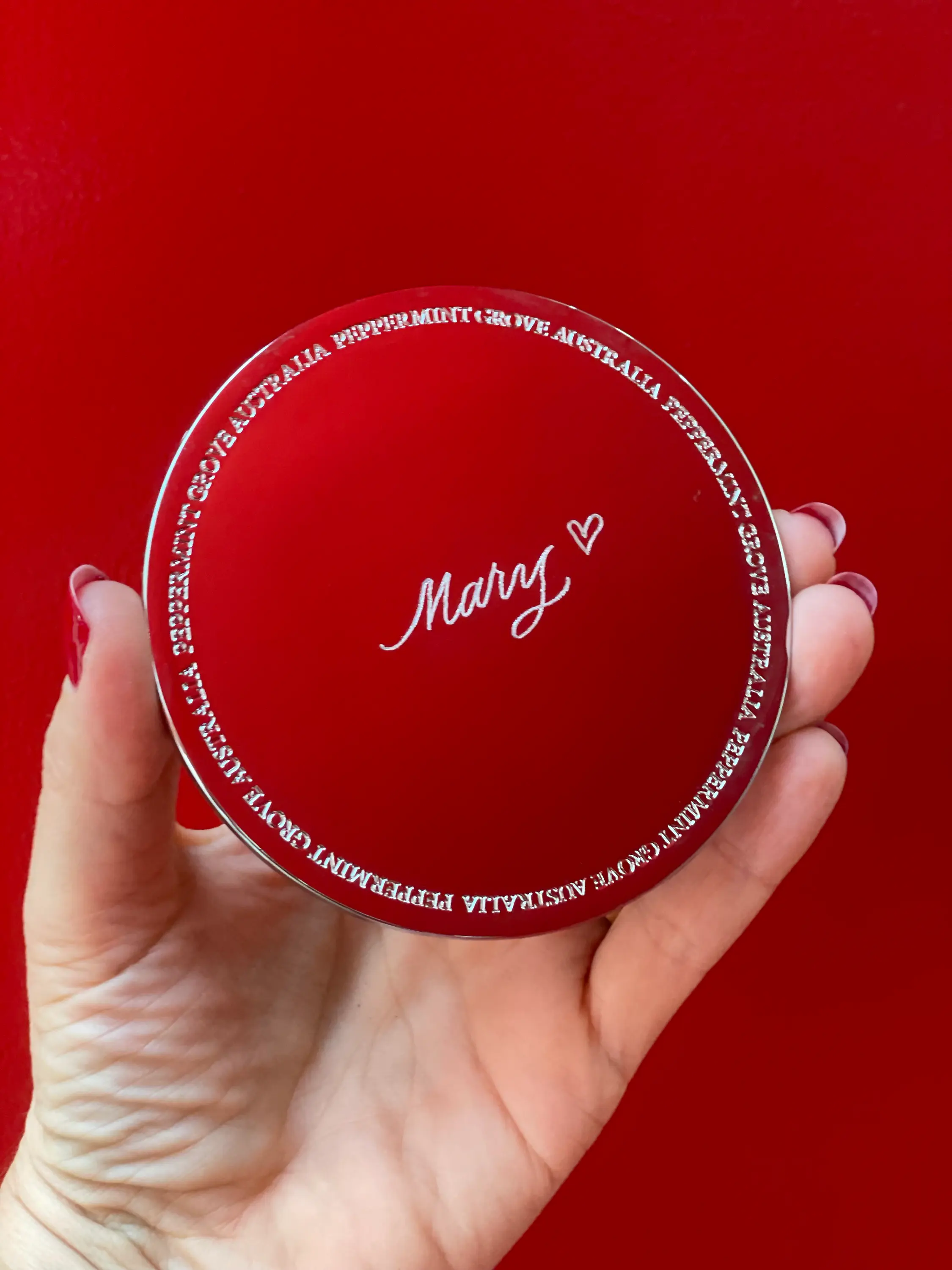 Engraved Peppermint Grove candle lid from Westfield Carindale engraving booth