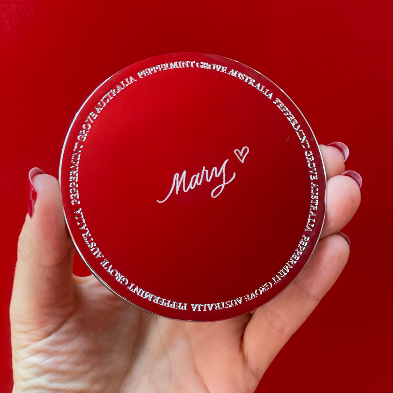 Peppermint Grove candle lid engraving at Westfield Carindale