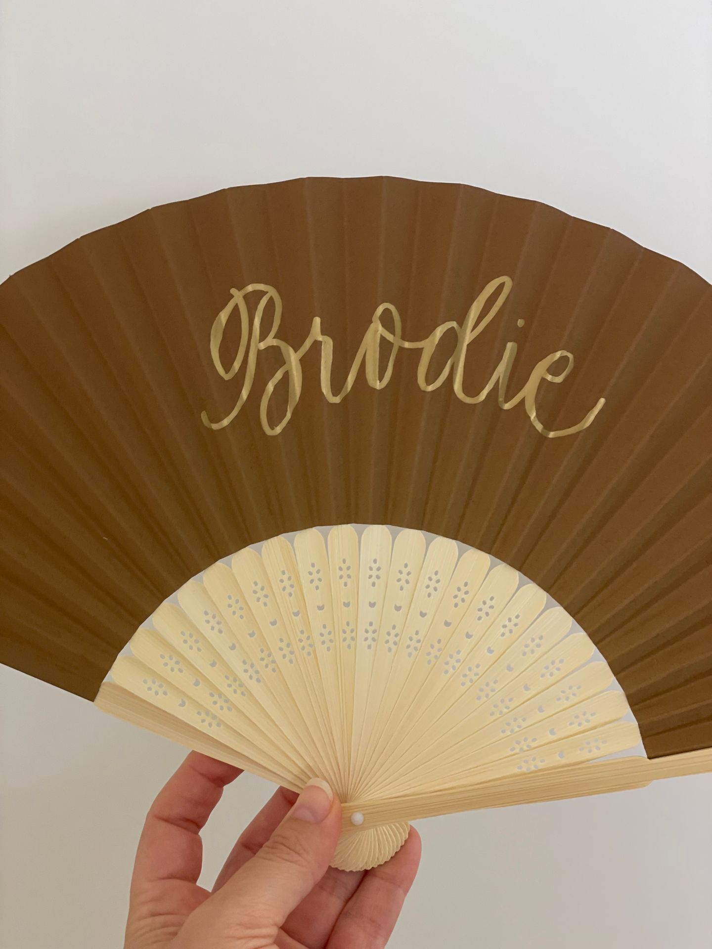 Personalised paper fan brown and gold
