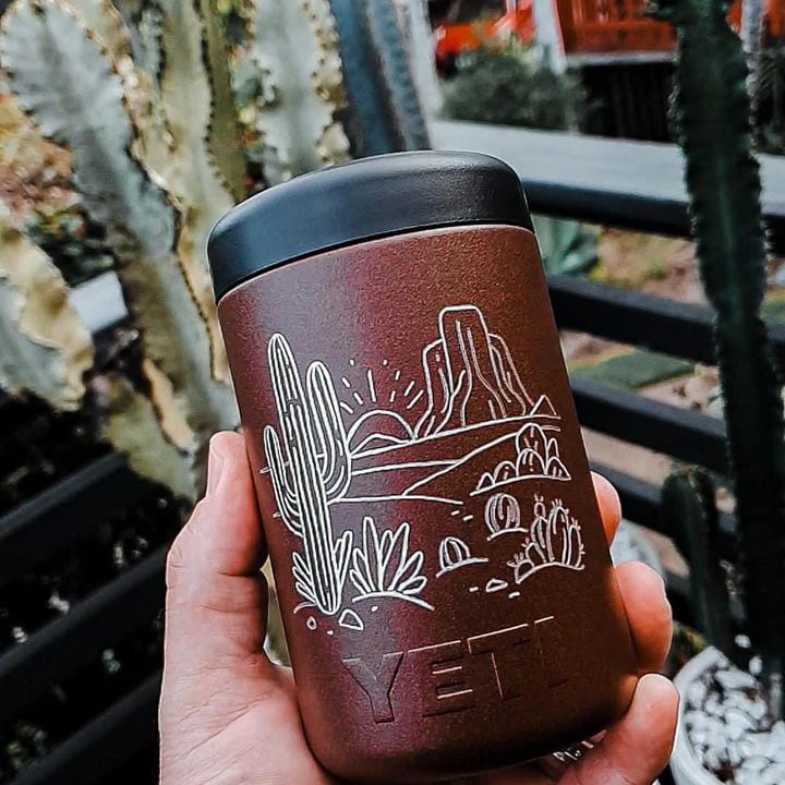 Desert scene hand-engraved on a Yeti can cooler