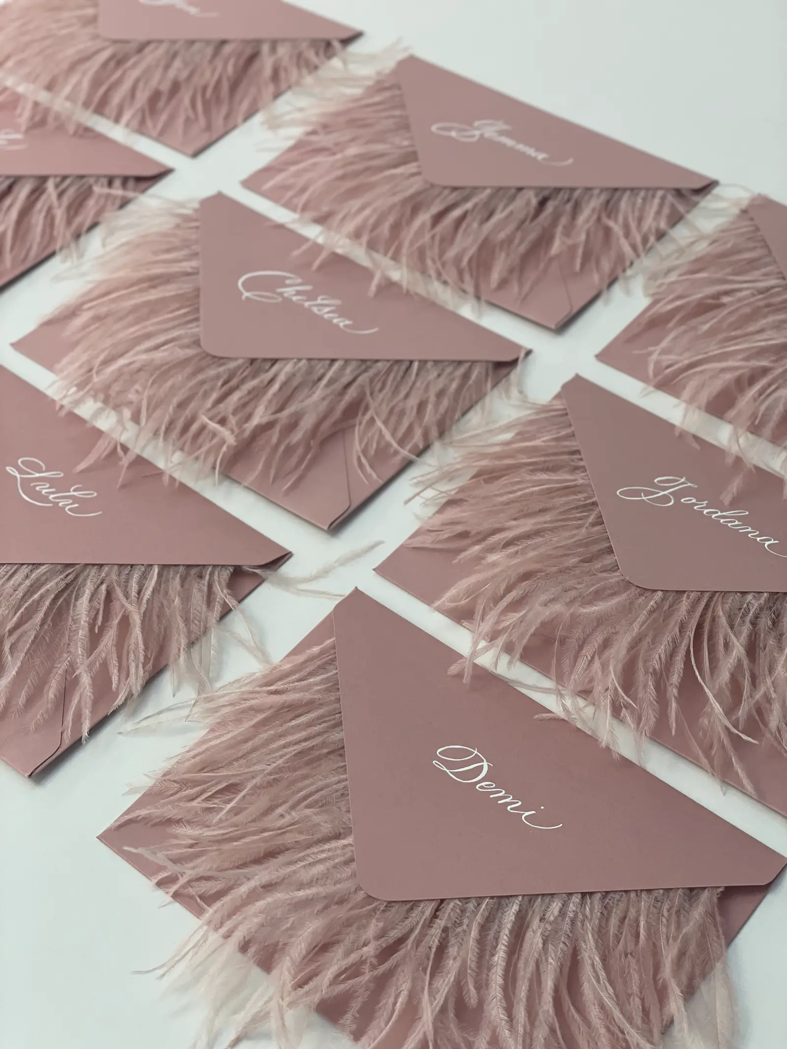 White pointed pen calligraphy on feather lined envelopes as place cards