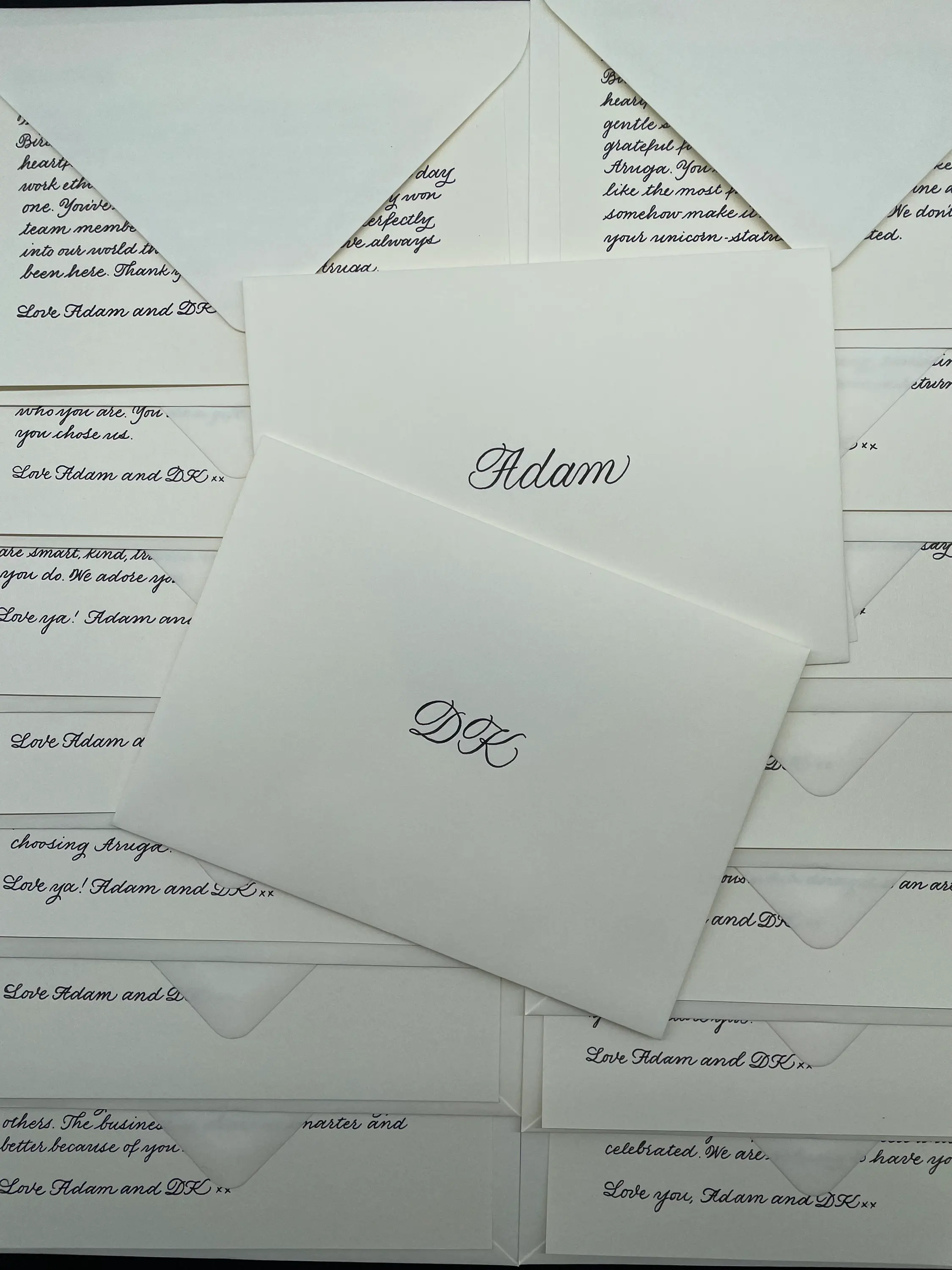 Corporate gifting, custom thank you letters with calligraphy envelopes