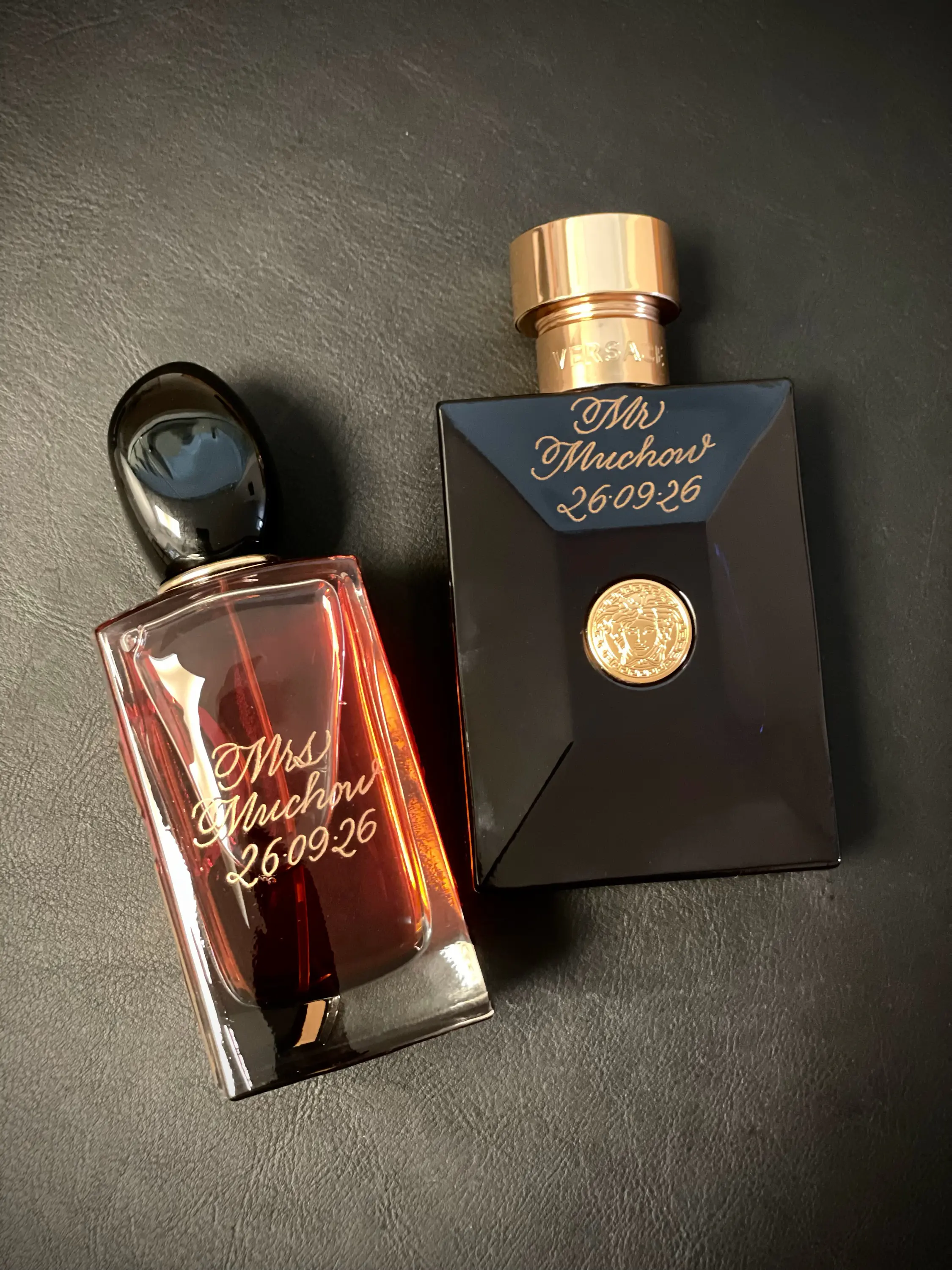 Giorgio Armani Si & Versace wedding perfumes engraved
